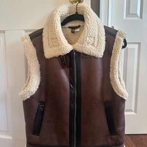 H&M Cream Shearling Vest with Black Accents